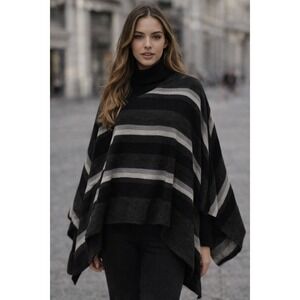 ANNTARAH Striped Baby Alpaca Poncho Black Grey White‎ One Size
